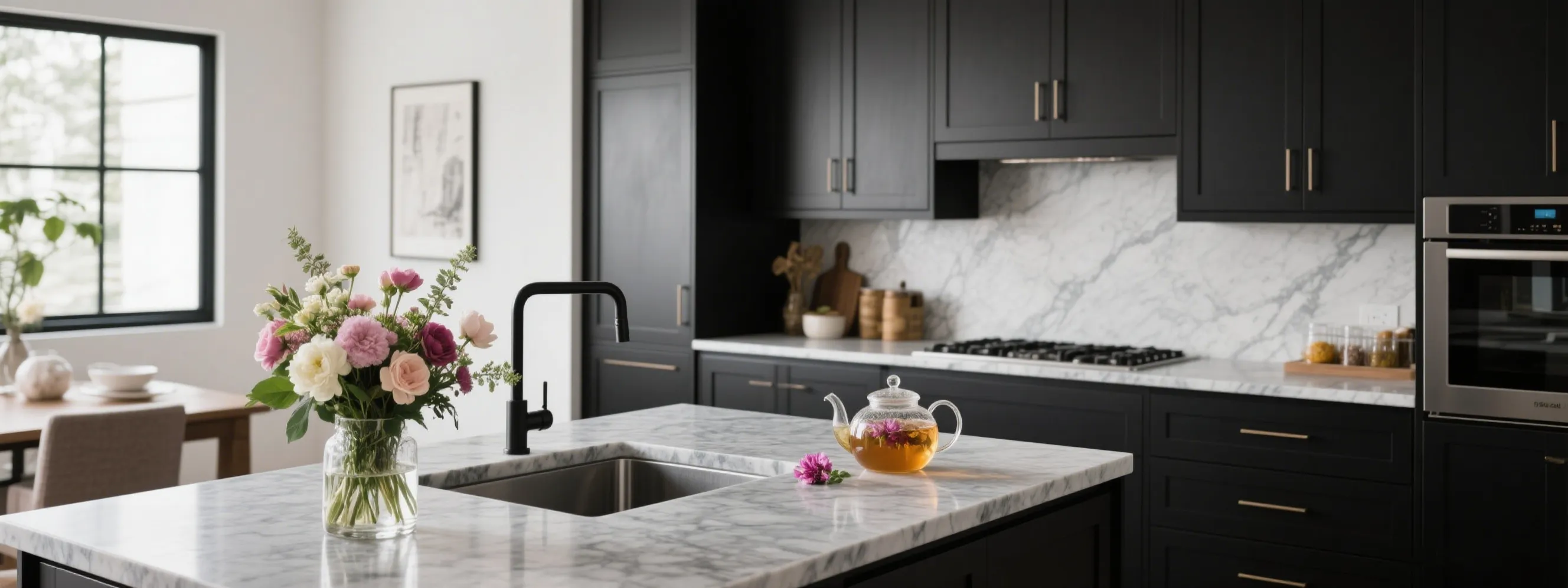 Corner kitchen sink with angled design in stainless steel, embedded in gray countertop with white cabinets, window with blinds, and wooden cutting board visible